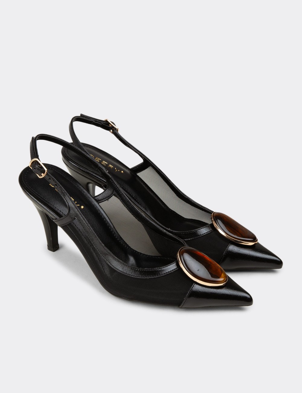 Women's Black Slingback Pumps with Stone Details - RD235ZSYHM01