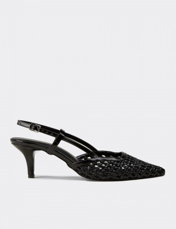 Women's Black Slingback Pumps with Woven Detailing