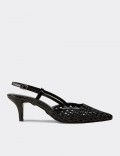 Women's Black Slingback Pumps with Woven Detailing