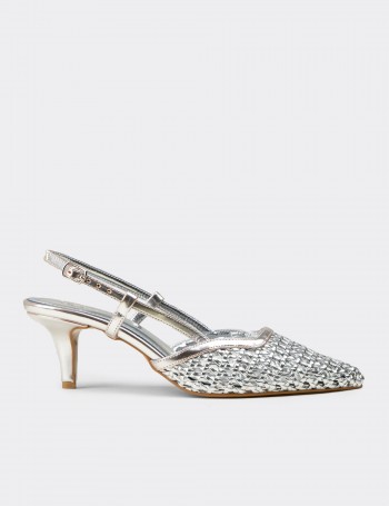 Women’s Silver Slingback Pumps with Woven Detail