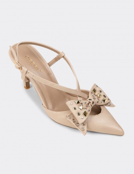 Women's Beige Bow Accent Evening Heels