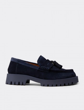 Men's Navy Suede Leather Tassel Loafers