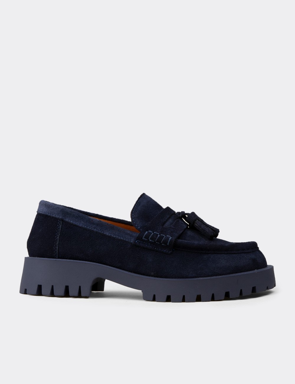 Men's Navy Suede Leather Tassel Loafers - 02035ZLCVC01