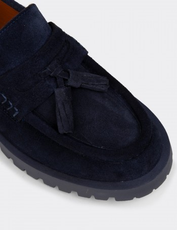 Men's Navy Suede Leather Tassel Loafers