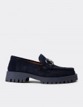 Men's Navy Suede Leather Buckle Loafers