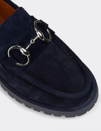 Men's Navy Suede Leather Buckle Loafers