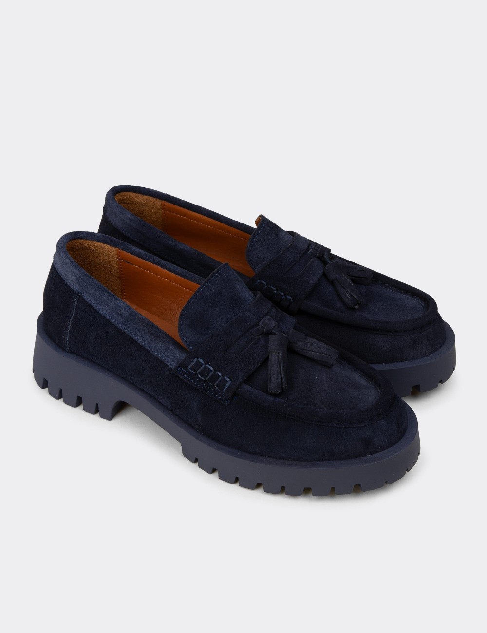 Men's Navy Suede Leather Tassel Loafers - 02035ZLCVC01