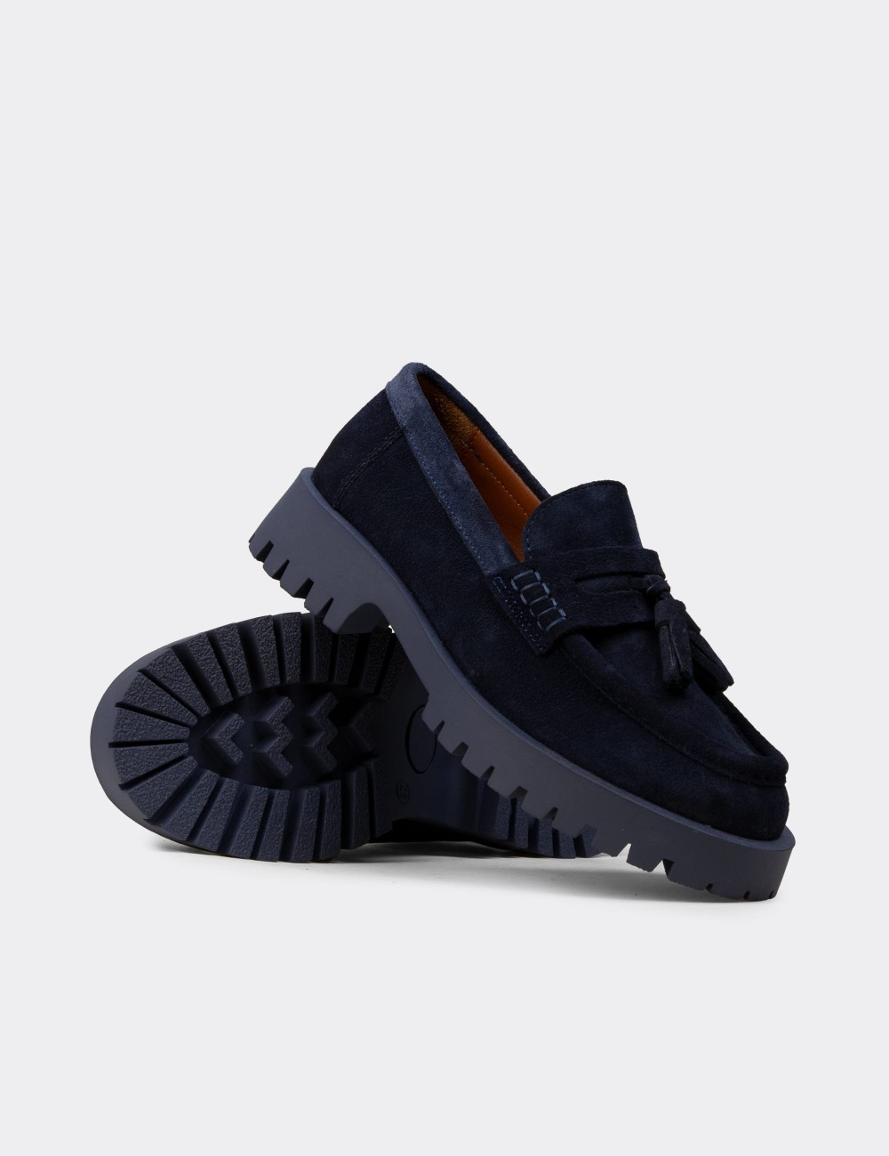 Men's Navy Suede Leather Tassel Loafers - 02035ZLCVC01