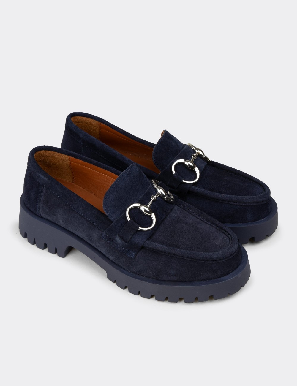 Men's Navy Suede Leather Buckle Loafers - 02037ZLCVC01