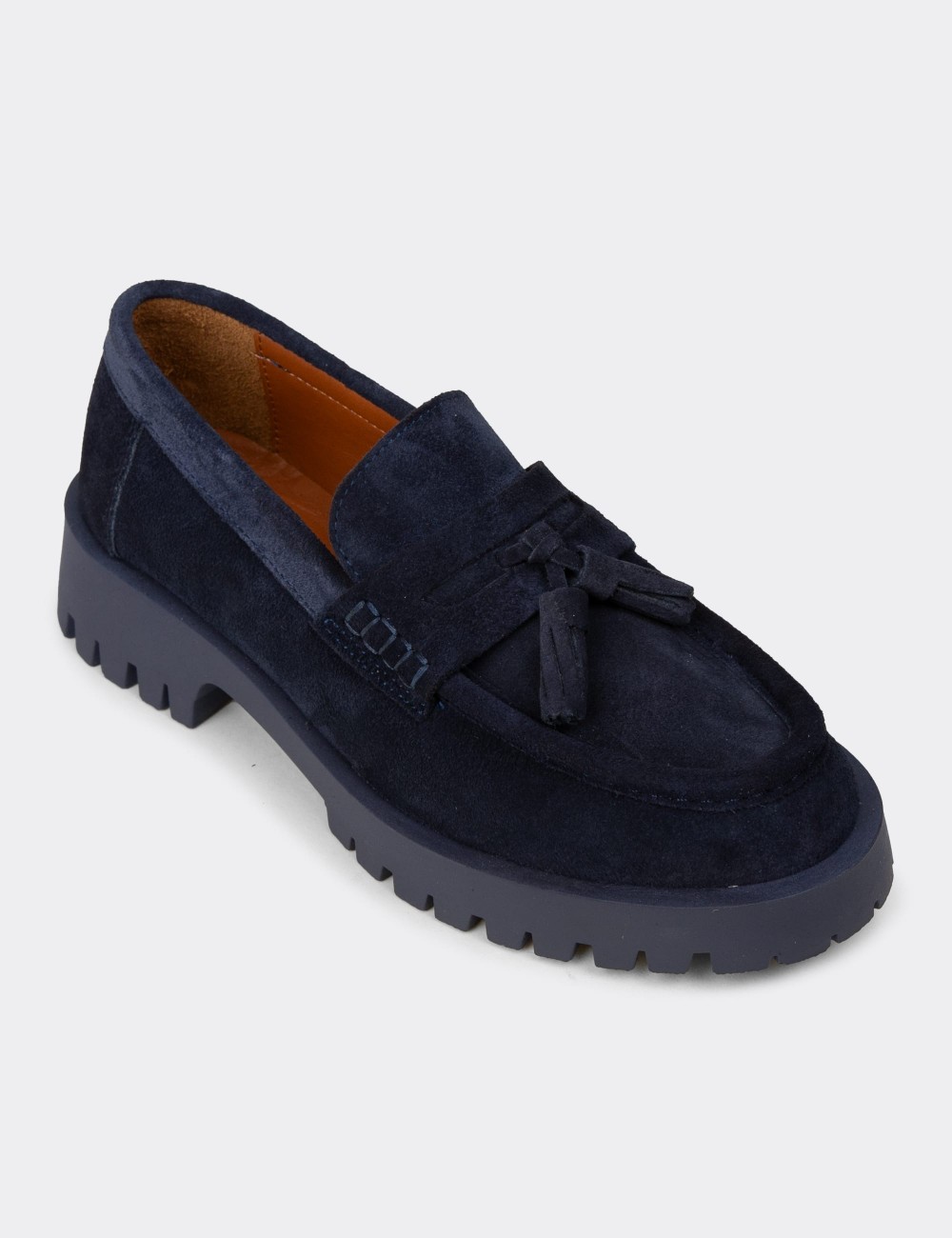 Men's Navy Suede Leather Tassel Loafers - 02035ZLCVC01