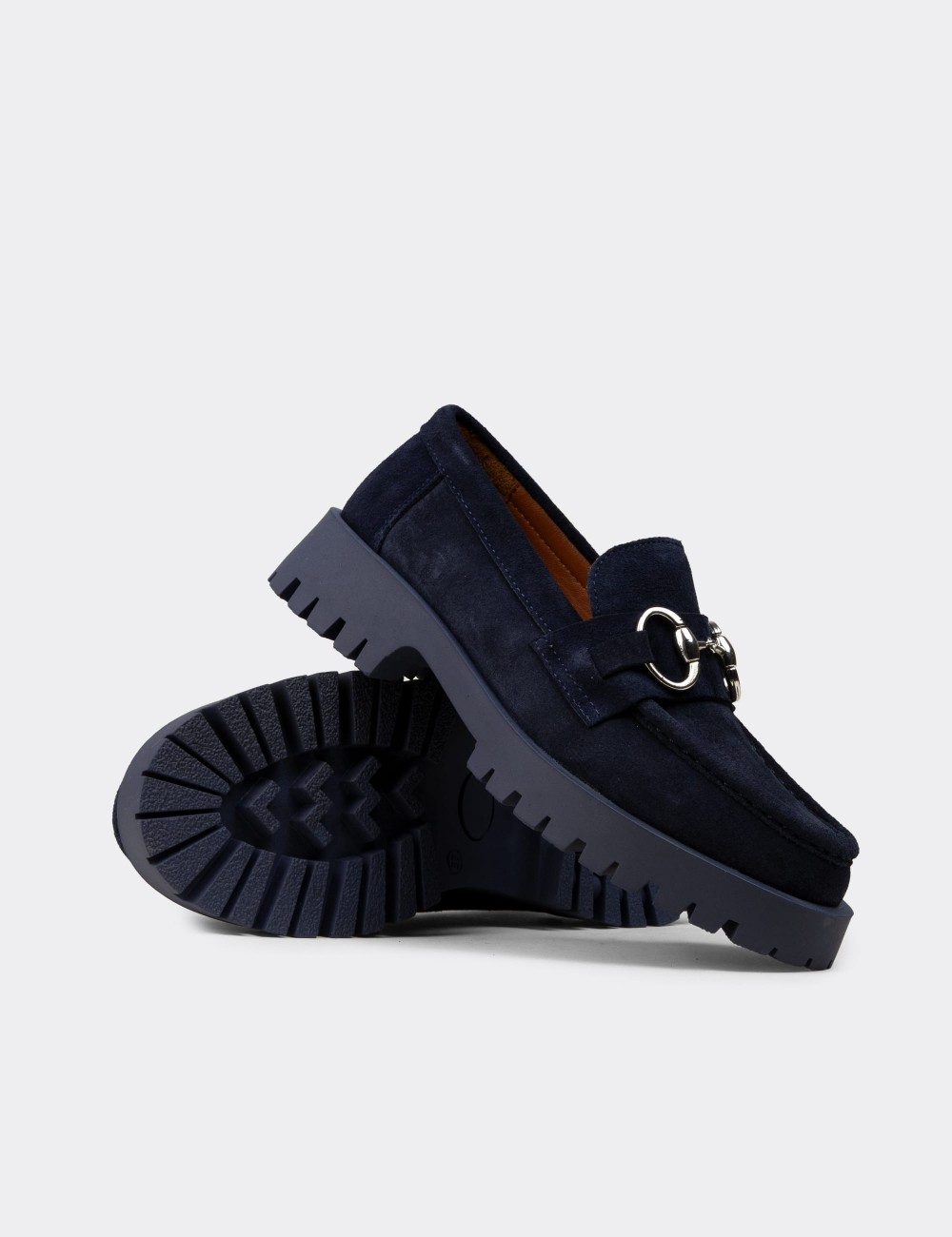 Men's Navy Suede Leather Buckle Loafers - 02037ZLCVC01