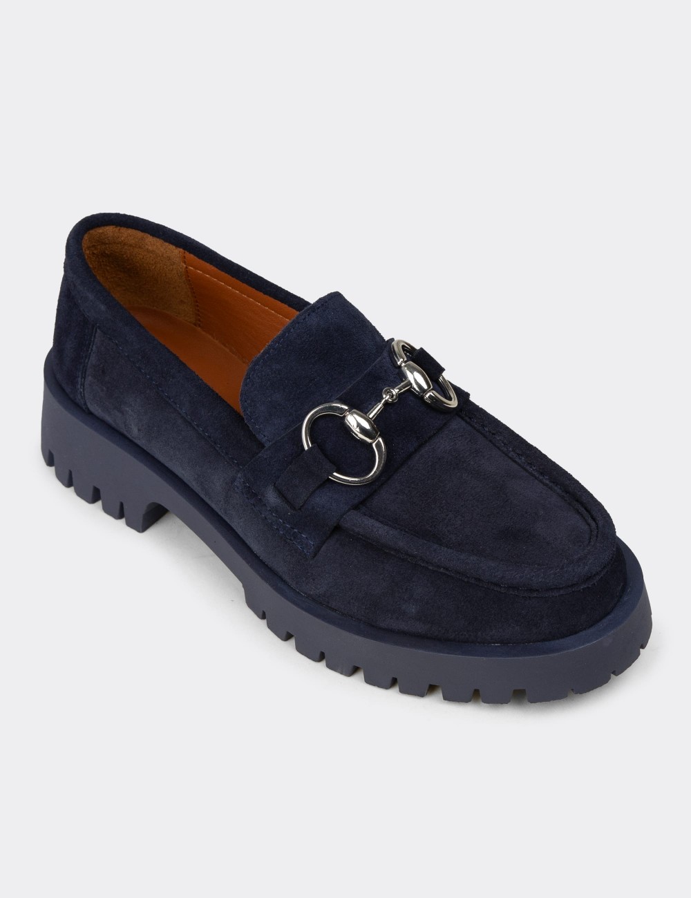 Men's Navy Suede Leather Buckle Loafers - 02037ZLCVC01