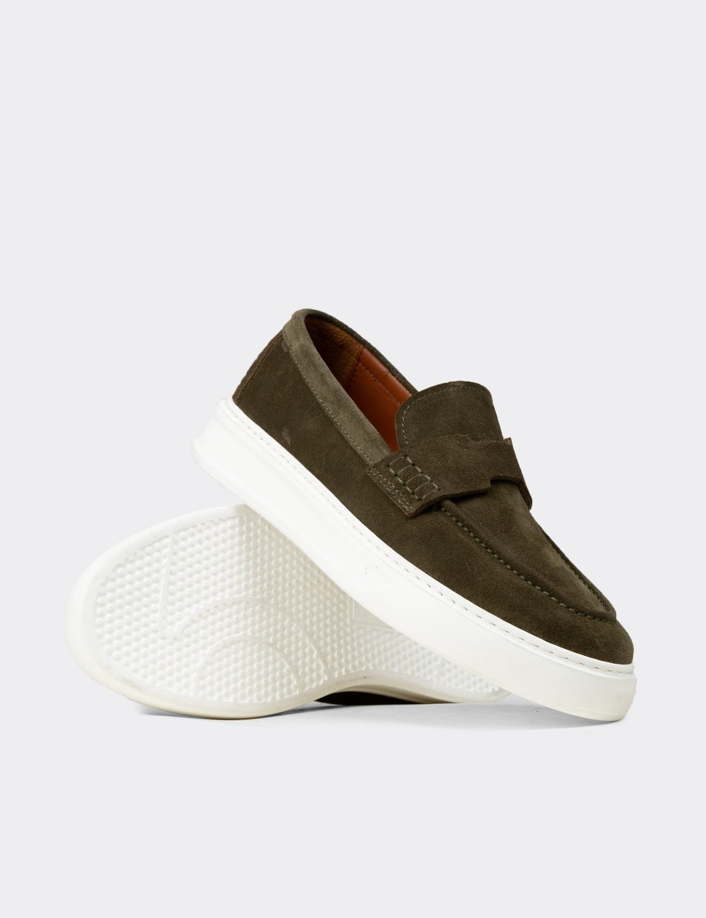 Men's Green Suede Leather Loafers - 02043MYSLP01