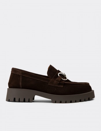 Women's Brown Suede Leather Buckled Loafers