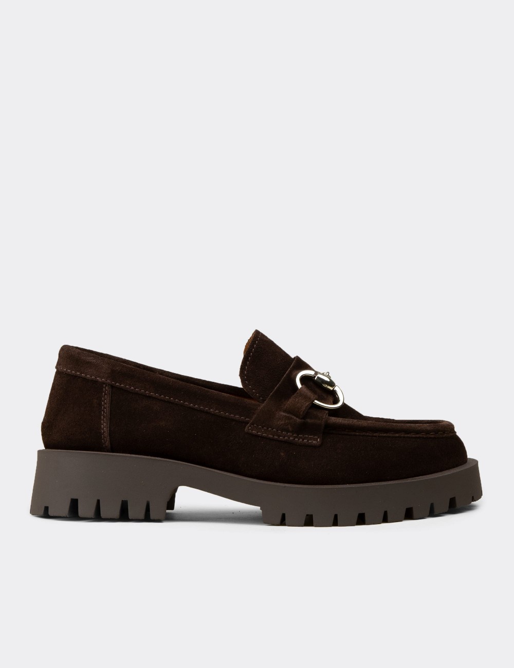 Women's Brown Suede Leather Buckled Loafers - 02037ZKHVC01