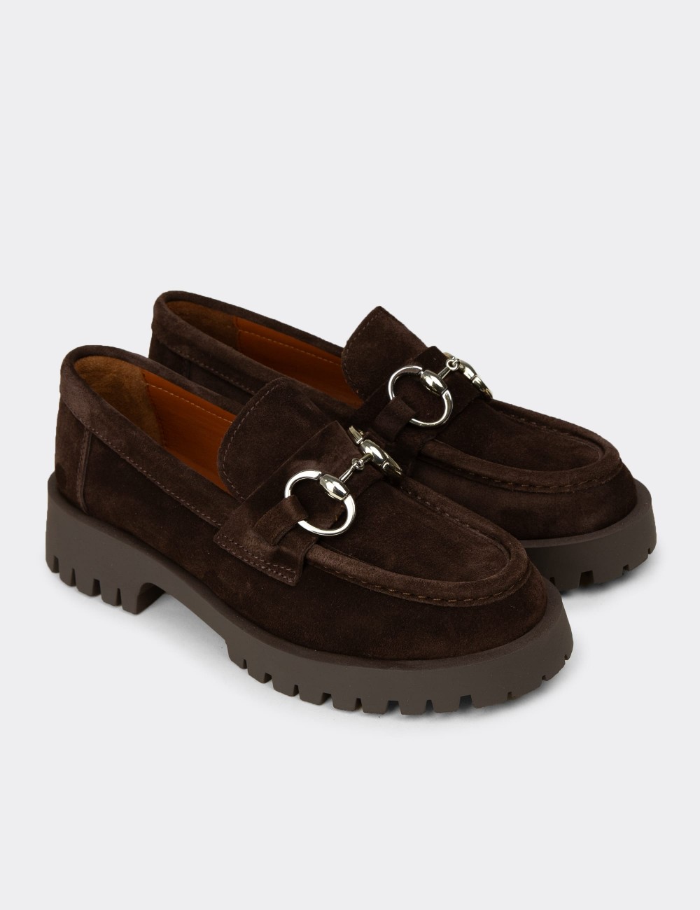 Women's Brown Suede Leather Buckled Loafers - 02037ZKHVC01
