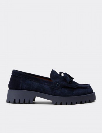 Women's Navy Suede Leather Loafers