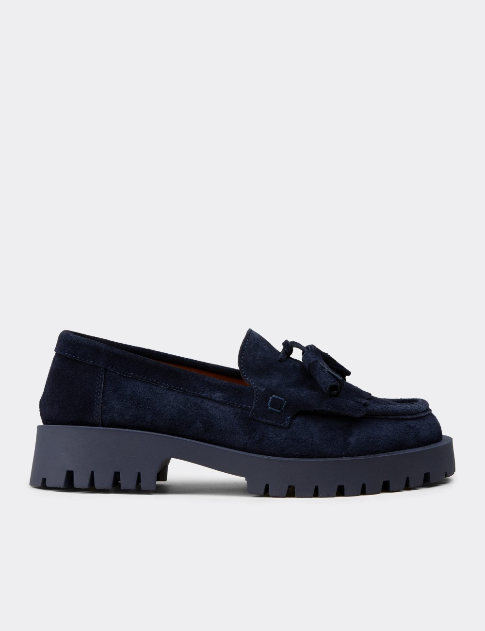 Women's Navy Suede Leather Loafers - 02033ZLCVC01
