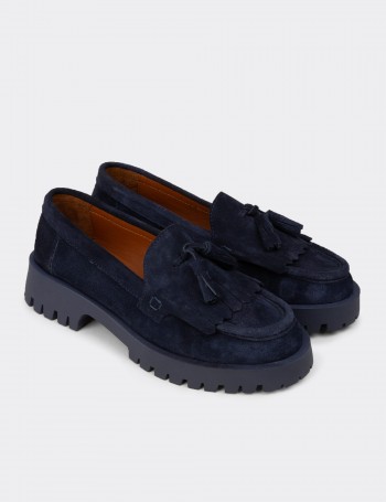 Women's Navy Suede Leather Loafers