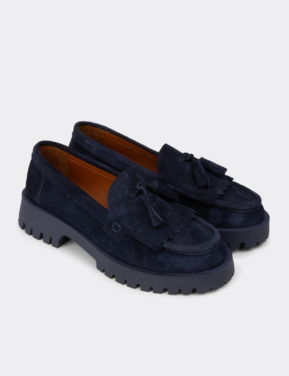 Women's Navy Suede Leather Loafers - 02033ZLCVC01