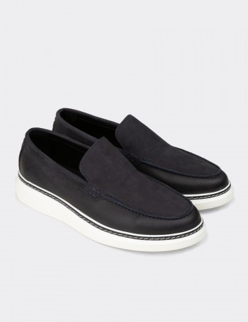 Men's Navy Nubuck Leather Loafers