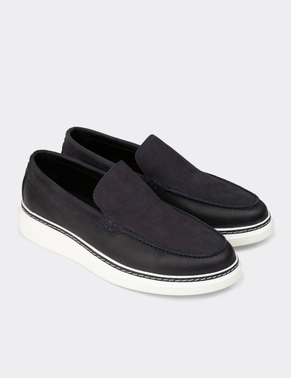 Men's Navy Nubuck Leather Loafers - EK111MLCVC01