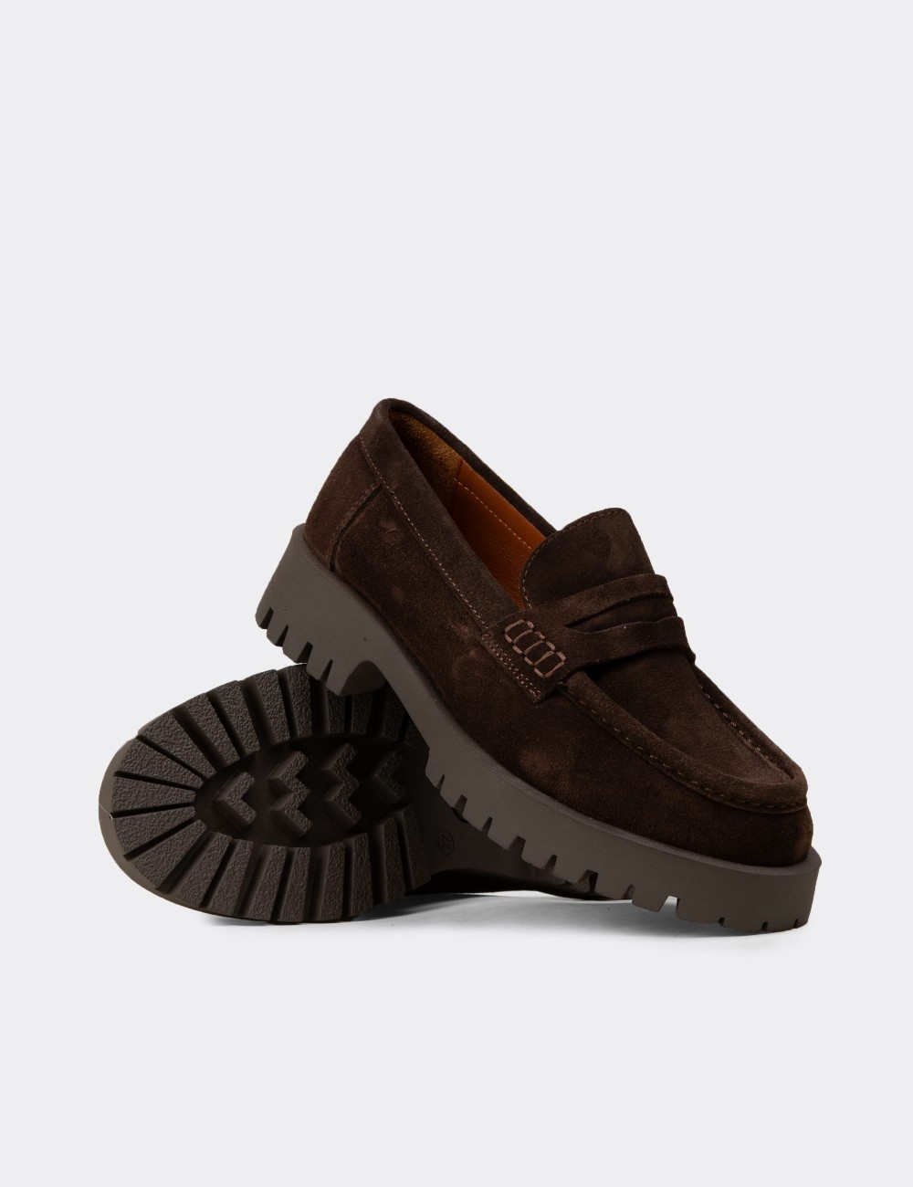 Women's Brown Suede Leather Loafers - 02034ZKHVC01