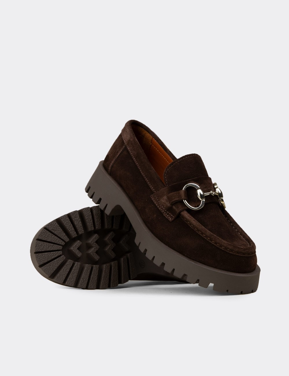 Women's Brown Suede Leather Buckled Loafers - 02037ZKHVC01
