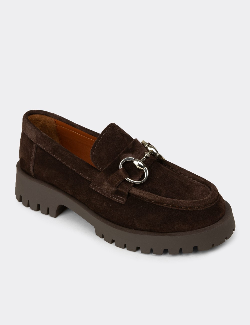 Women's Brown Suede Leather Buckled Loafers - 02037ZKHVC01
