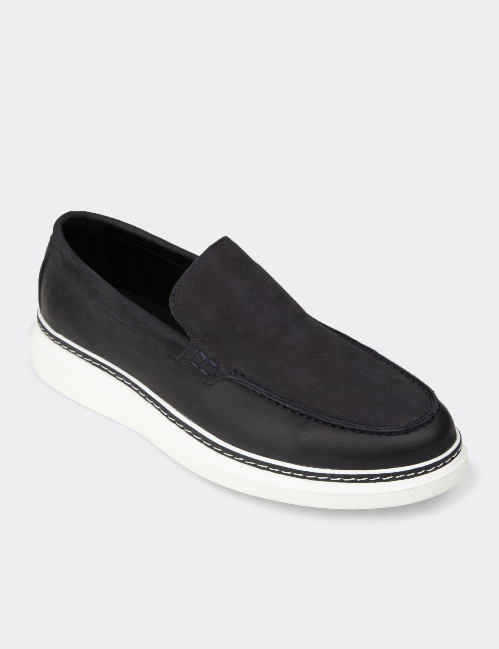 Men's Navy Nubuck Leather Loafers - EK111MLCVC01