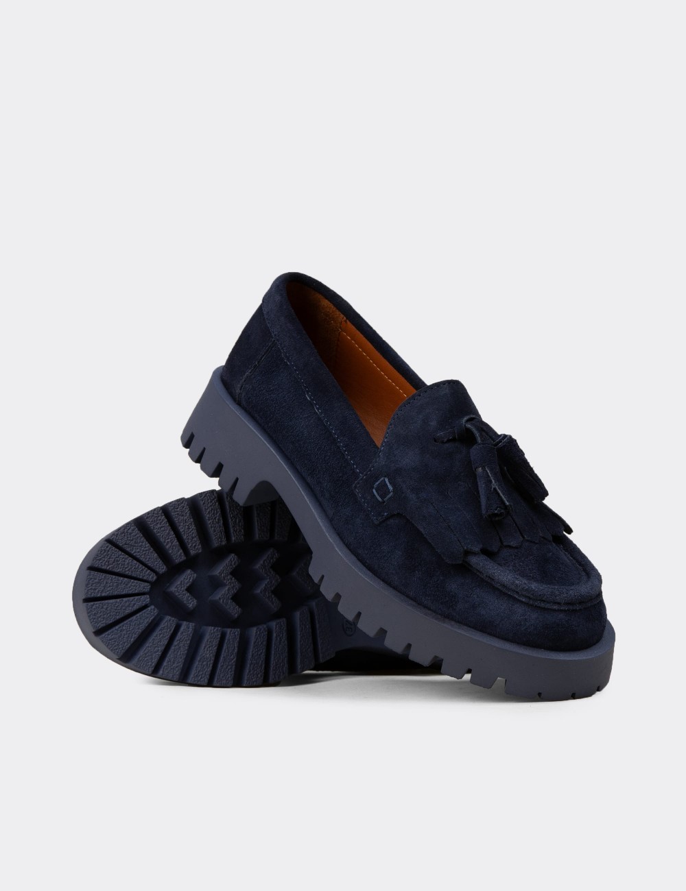 Women's Navy Suede Leather Loafers - 02033ZLCVC01