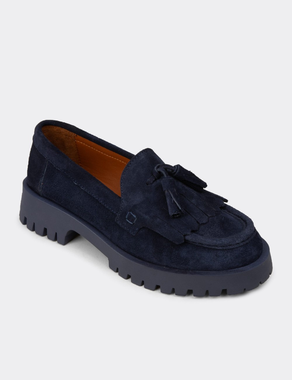 Women's Navy Suede Leather Loafers - 02033ZLCVC01
