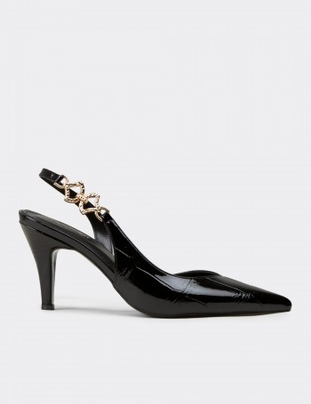 Women's Black Patent Pumps with Chain Detail