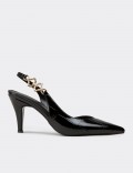 Women's Black Patent Pumps with Chain Detail