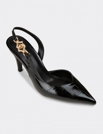 Women's Black Patent Pumps with Chain Detail