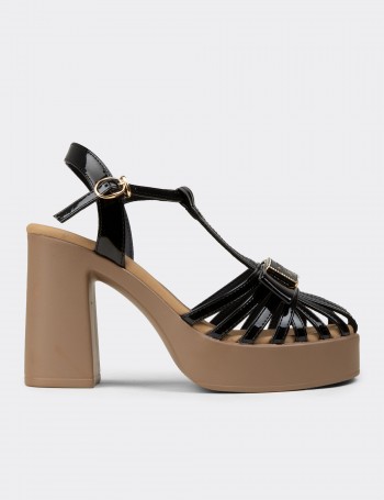 Women's Black Patent T-Strap Platform Heeled Sandals