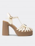 Women's Beige Patent T-Strap High Heel Sandals
