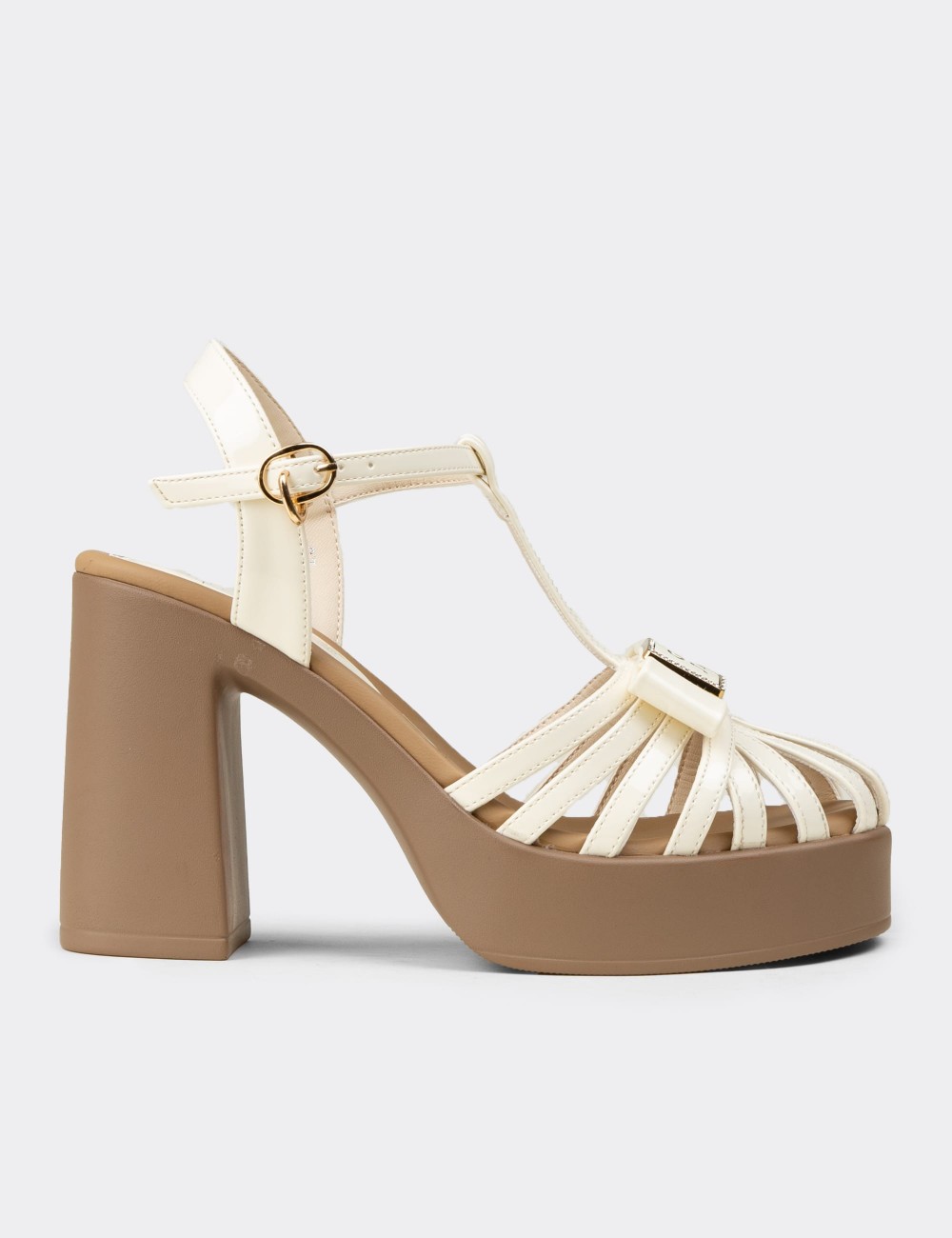 Women's Beige Patent T-Strap High Heel Sandals - 26491ZBEJC01
