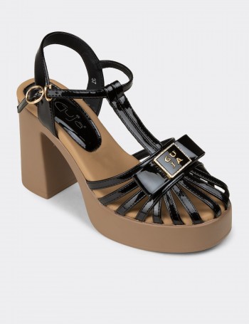 Women's Black Patent T-Strap Platform Heeled Sandals