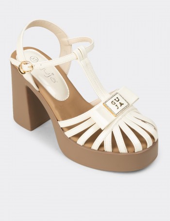 Women's Beige Patent T-Strap High Heel Sandals