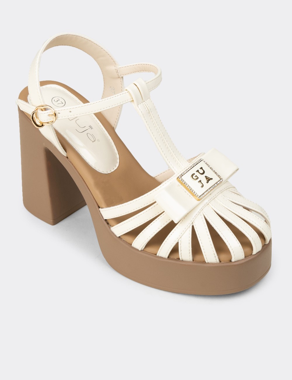 Women's Beige Patent T-Strap High Heel Sandals - 26491ZBEJC01