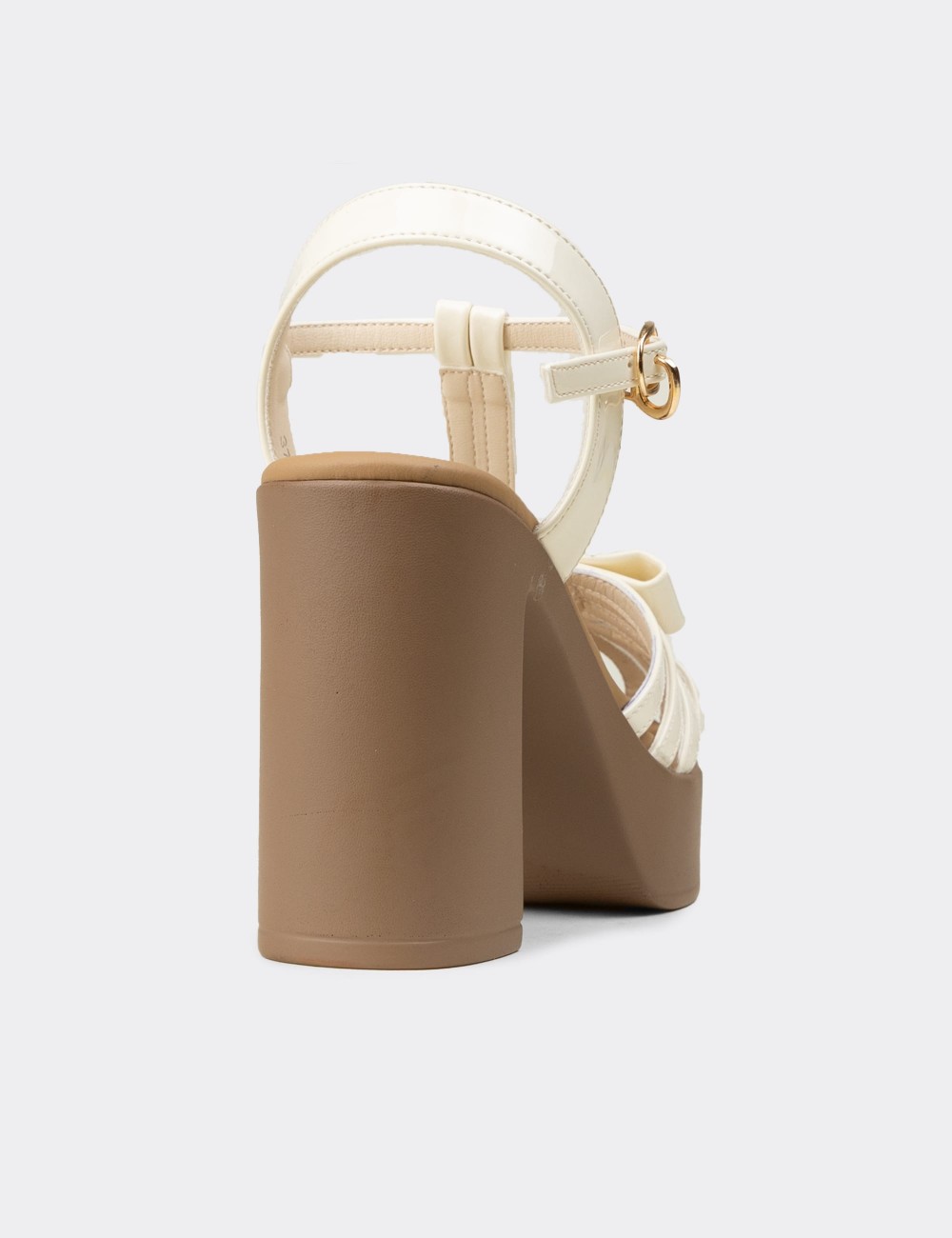 Women's Beige Patent T-Strap High Heel Sandals - 26491ZBEJC01