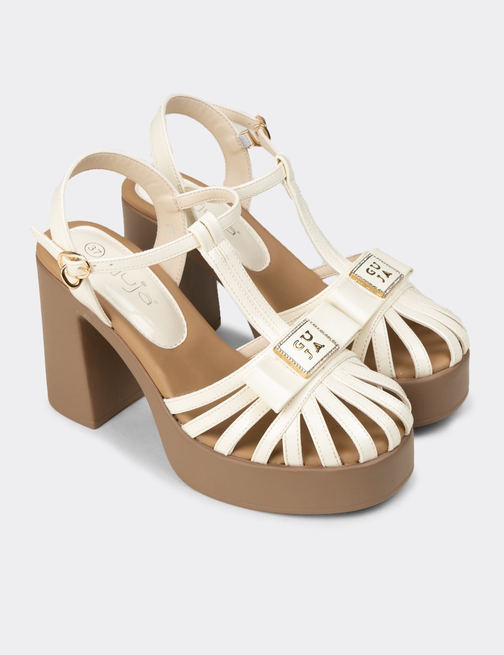 Women's Beige Patent T-Strap High Heel Sandals - 26491ZBEJC01