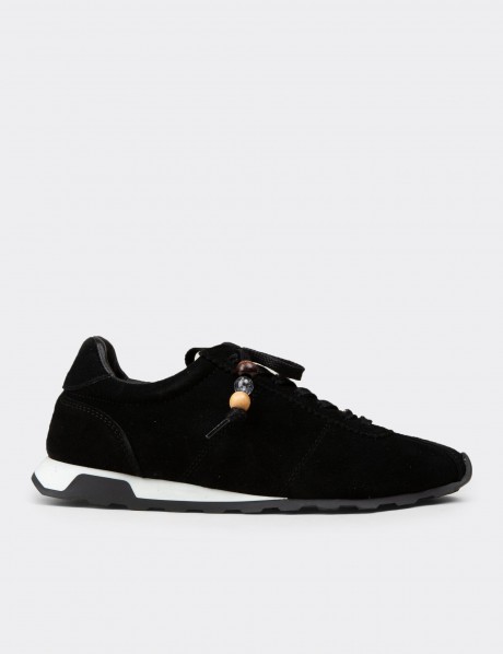 'Womens Black Suede Leather Sneakers'