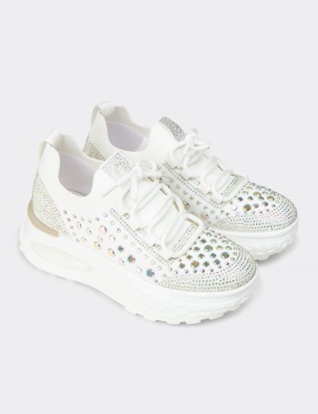 Women's White Stone Detailed Sneaker Shoes