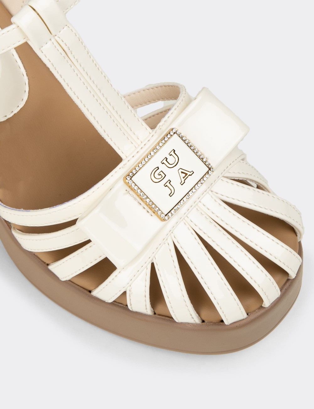 Women's Beige Patent T-Strap High Heel Sandals - 26491ZBEJC01