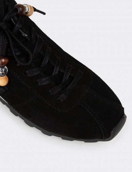 'Womens Black Suede Leather Sneakers'