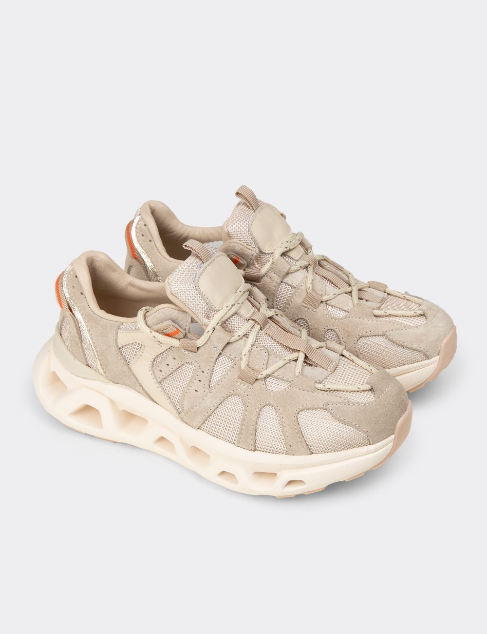 Women's Beige Suede Leather Sneakers - M1128ZBEJC01