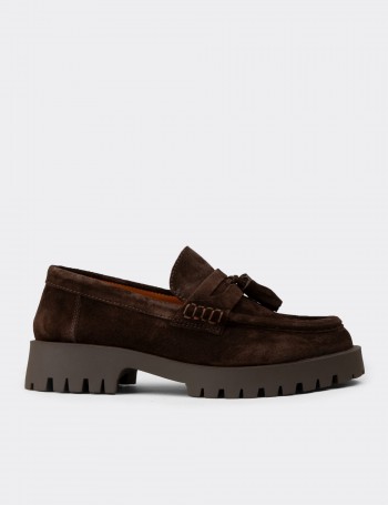 Women's Brown Suede Leather Tassel Loafers