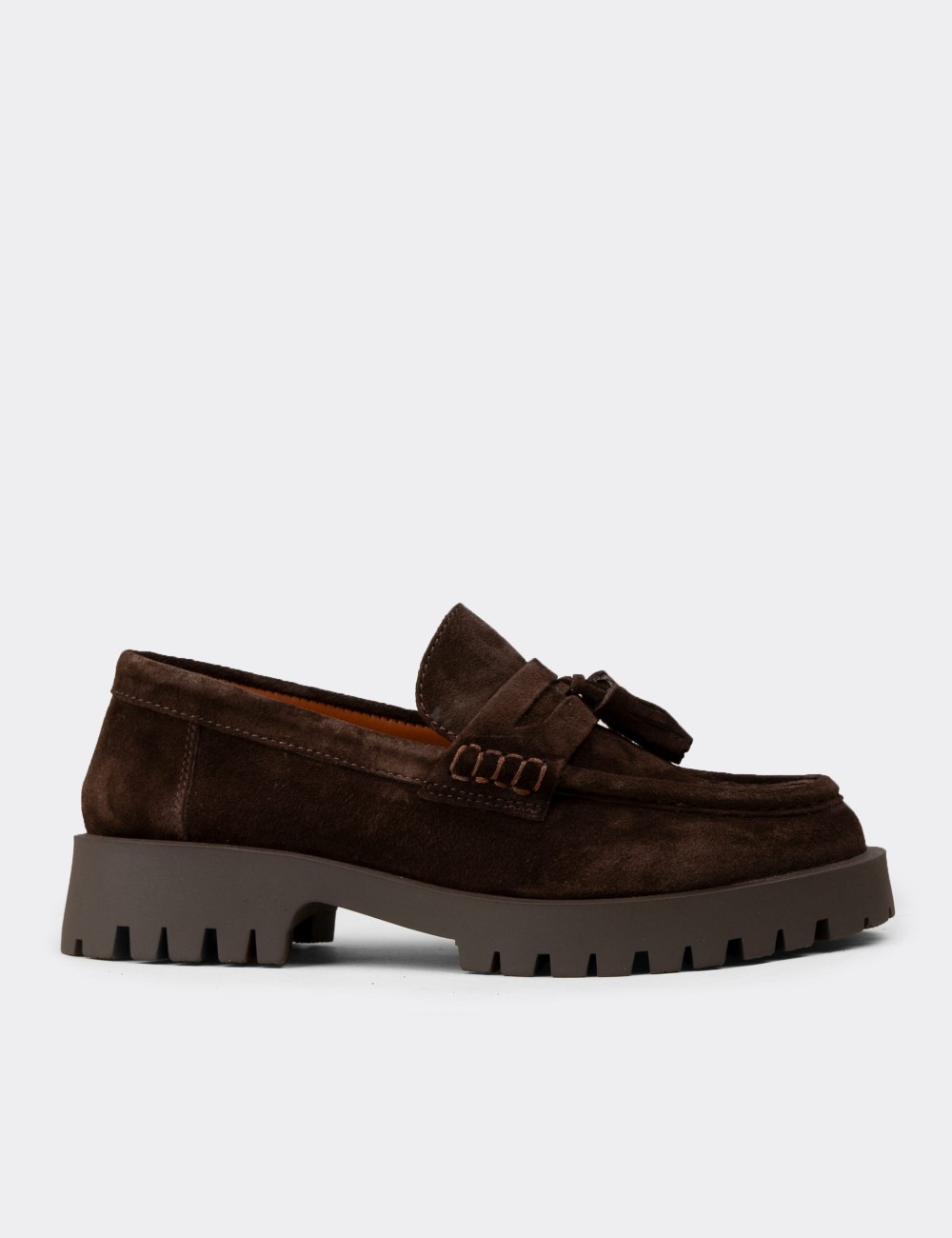 Women's Brown Suede Leather Tassel Loafers - 02035ZKHVC01